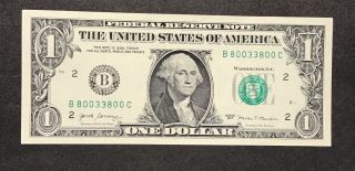 2017 Uncirculated $1 Dollar Bill Rare Repeater Fancy Serial Number 80033800
