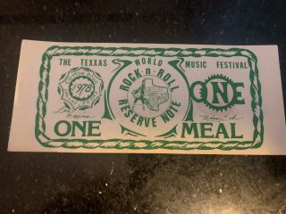 Vintage 1978 Texxas World Music Festival Official Meal Ticket Very Rare