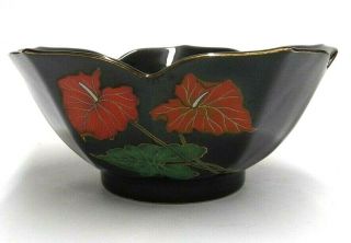 Black Red Green Lily Flower Bowl Action Made In Japan Ceramic With Gold Rim Rare
