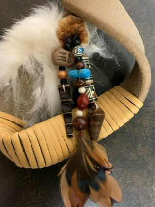 Native American Sandstone Lucky Wall Hanging Handmade w/ Beads & Fur 2