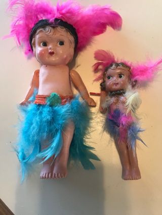 Vintage Celluloid Flapper Girl Dolls Bobbed Hair Carnival Prize Bright Feathers