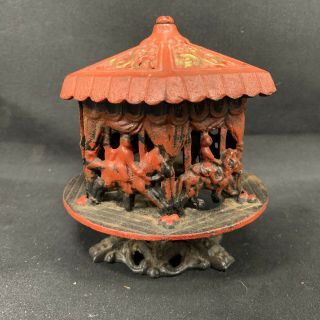 Antique Cast Iron Bank Carousel Merry Go Round Red Black Horse Lion
