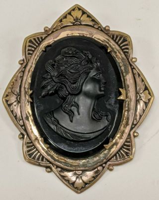 Antique Vtg Large Gold Filled Jet Black Glass Cameo Brooch Pin Victorian Woman