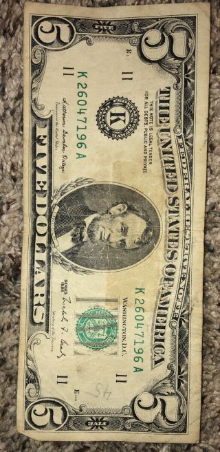 1988 A $5 Green Sea Federal Reserve Note Five Dollar Bill Rare Old Money