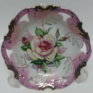 Antique Porcelain Hand Painted Bowl Pink W/ Roses & Gold Scalloped Edge