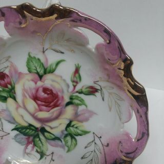 Antique Porcelain Hand Painted Bowl Pink w/ Roses & Gold Scalloped Edge 2