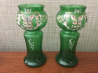 Rare Pair Green Glass Hyacinth Vases Enamel Painted Decoration Butterfly Flowers