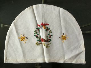 Vintage White Christmas Robin & Bells Hand Embroidered Tea Cosy Cover