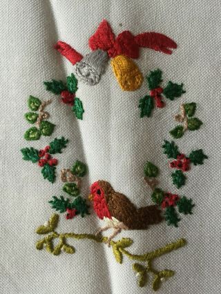 VINTAGE White Christmas Robin & Bells Hand Embroidered Tea Cosy Cover 2