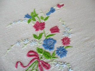 Vintage Tablecloth Hand Embroidered With Bouquets Of Pink & Blue Flowers