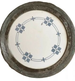 Signed,  Wmf,  German,  1876,  Art Nouveau Ceramic Plate,  Set In Silver Metal