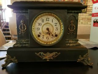 Rare Antique Seth Thomas Adamantine Black Mantle Pendulum Clock " Torch " Motif