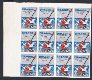 Denmark Rare Poster Stamps Block Of 12 DragØr Port 1913 Sailship Imperf.