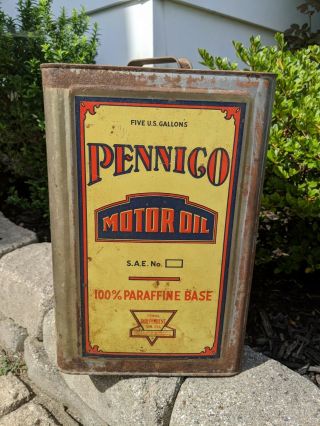 RARE Early Tin Litho Oil Can Independent Oil Company Pennico 5 Gallon Petroliana 2
