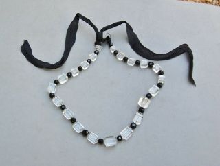 Clear & Black Glass Cube Bead Necklace Antique Victorian Mourning Ribbon Tie