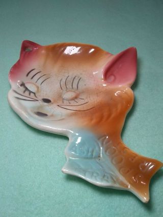Antique Cat Kitty Ceramic Spoon Rest Ash Tray Colorful Mid Century 6 1/2 "