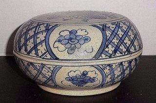 Antique Chinese Blue Floral and Grape Ceramic Box Handmade Signed 8 