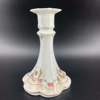 Antique Signed Hand Painted Porcelain Candlestick Pink Roses Tapered Gold Trim