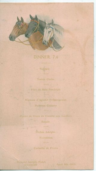 Rare 1913 Grand National Adelphi Hotel Liverpool Illustrated Dinner Menu Card