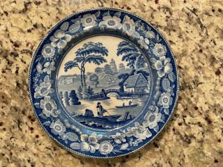 Antique Romantic Staffordshire Blue Transferware Plate Fishermen Early 19c