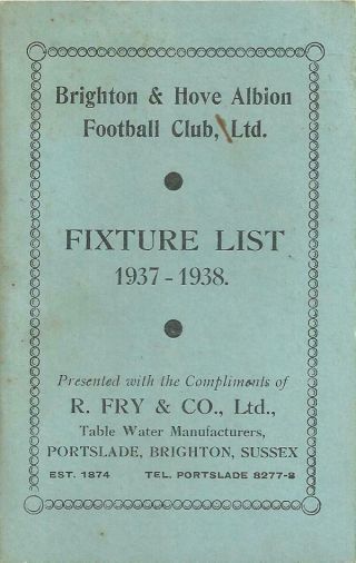 Rare Brighton & Hove Albion 1937 Fixture List Card Not Programme Ticket Look