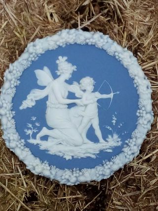 Antique Schafer Vater Blue Jasperware Plate Plaque 7 " Cupid & Mother 59/2895