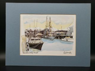 Vintage Robert R E Kennedy Print Bannisters Wharf Marina Newport Ri Rhode Island