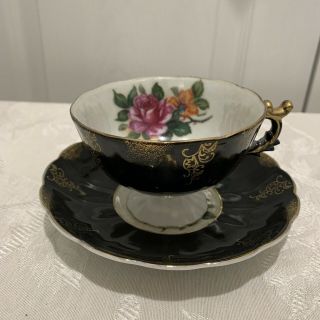 Made In Japan Tea Cup And Saucer Black Floral Lusterware