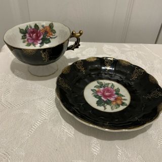 MADE IN JAPAN TEA CUP AND SAUCER BLACK Floral Lusterware 2