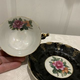 MADE IN JAPAN TEA CUP AND SAUCER BLACK Floral Lusterware 3