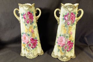 Rare Pair Hand Painted Nippon Rose Bouquet Vases 12 " Heavy Enamel Beading & Gil