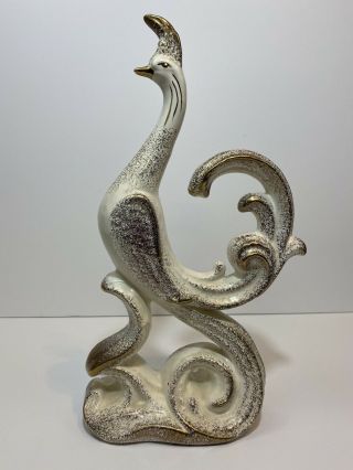 Mid Century Ceramic Peacock 13 1/2” White & Metallic Gold Vintage Decor Japan 2