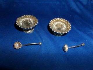 Lovely Pair Edwardian Shell Salt Cellars & Spoons C.  1900 Silver Plate