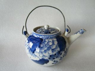 Old Chinese 1800s Blue And White Hand Painted Porcelain Teapot