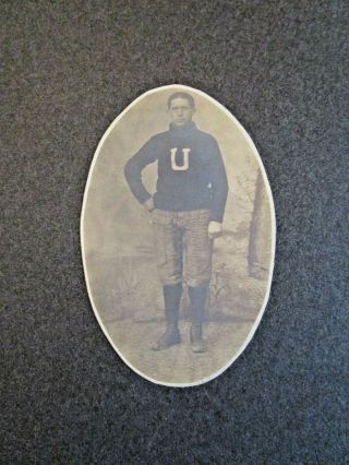 Antique Letter Sweater U Football Player Cabinet Photo Oval Brown 4 X 6.  5 " Rare