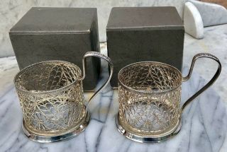 Pair Vintage Filigree Russian Silver Plated Tea Glass Holders & Boxes.
