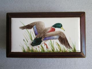 Antique Leather Wrapped Wood Box W/hand Painted Duck Ceramic Tile Signed J Boehm