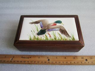 Antique Leather Wrapped Wood Box w/Hand Painted Duck Ceramic Tile Signed J Boehm 2