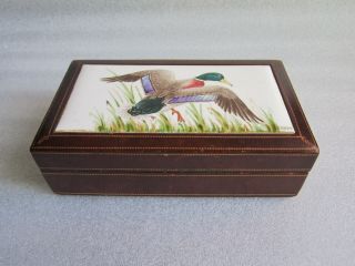 Antique Leather Wrapped Wood Box w/Hand Painted Duck Ceramic Tile Signed J Boehm 3