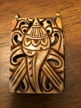 Antique Oriental Wood Hand Carved Pendant For Necklace Brass On Back Sides