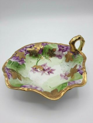 Antique Nippon Porcelain Moriage Hand Painted Floral Nappy Dish Gold Purple