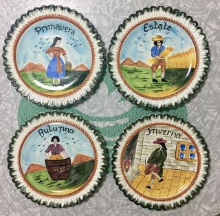 4 Rare Vintage Hand Painted Bassano Italy Porcelain Wall Plates - Four Seasons