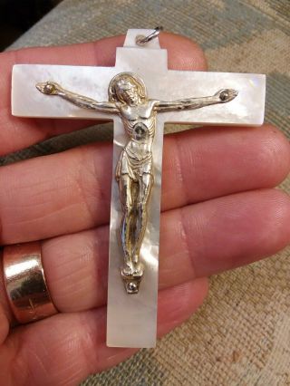 Antique 1930s Mother Of Pearl Sterling 800 Silver Crucifix Pendant