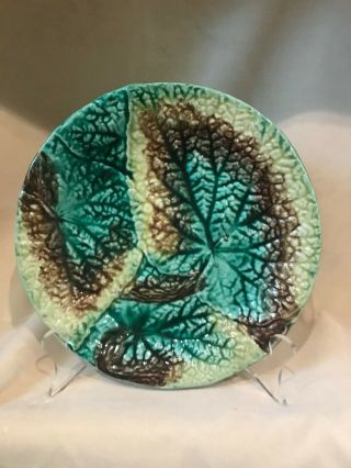 Antique Majolica 8.  5 " Leaf Plate C.  1860 - Green,  Gold & Brown