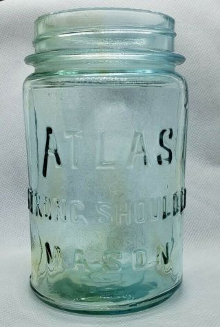 Antique Pint Atlas Strong Shoulder Aqua Blue Glass Mason Jar Amber Green Swirl