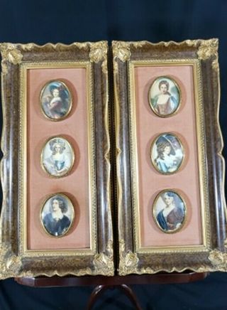 Antique French Women Miniature Portrait Paintings,  Rare,  Set Of 2 Frames