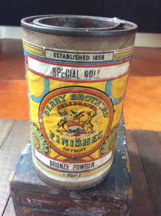 Vintage Antique Berry Brothers Bronze Powder Tin Can W/ Paper Label Detroit Rare