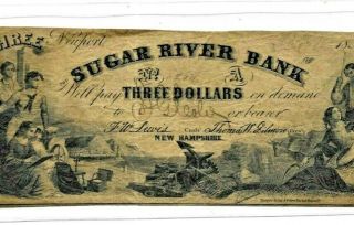 $3 " Sugar River Bank " (rare Note) " Hampshire " 1800 