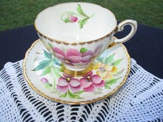 CUP SAUCER TUSCAN HAND PAINTED PURPLE PINK YELLOW VIOLETS LOVELY ARTISTRY 2