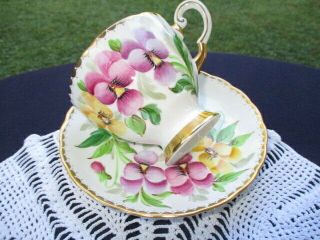 CUP SAUCER TUSCAN HAND PAINTED PURPLE PINK YELLOW VIOLETS LOVELY ARTISTRY 3